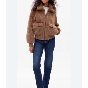Gap Women's Faux Sherpa Moto preppy Jacket Brown Size Small Teddy Bear sweater